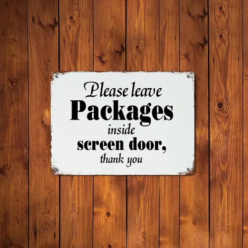 Vista 6 de Letrero de metal rústico con cita familiar, decoración artística de pared con texto en inglés «Please Leave Package»