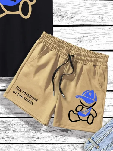 Vista 4 de COZYEASE Conjunto de 2 piezas para hombre, camiseta gráfica de manga corta, pantalones cortos con cordón y pantalones cortos de verano para la playa