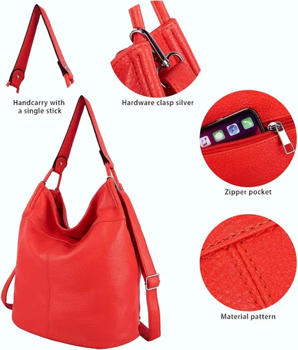Vista 6 de Bolso para mujer, mochila convertible y bolsos, rojo (204-US-205#Red)