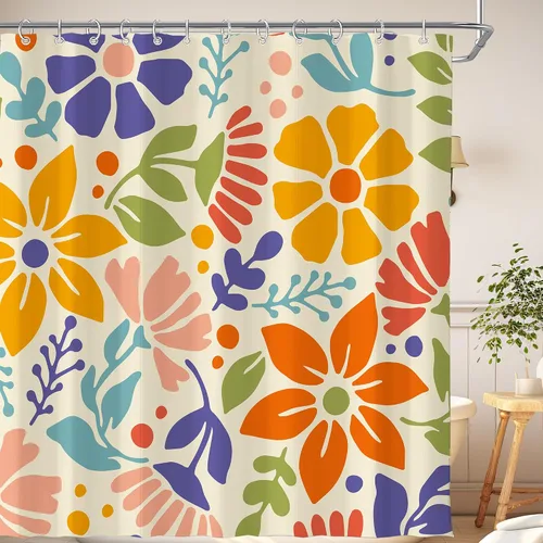 Vista 10 de Cortina de ducha pequeña para casa rodante, tamaño medio, estilo retro de los 70, con flores bonitas, estética abstracta de margaritas, decorativa
