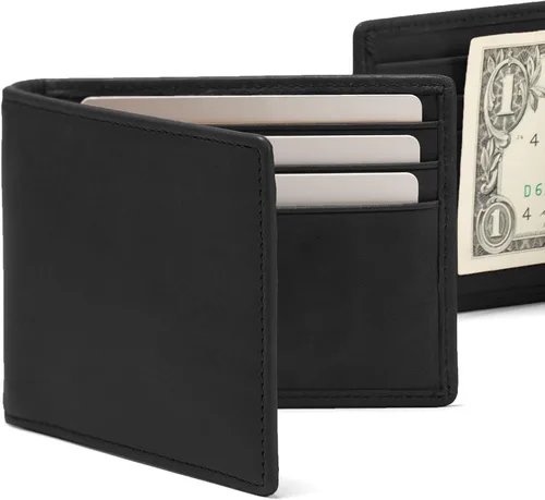 Vista 7 de Leatherology Billetera plegable delgada para hombre con clip para dinero, Aceite Negro, Classic
