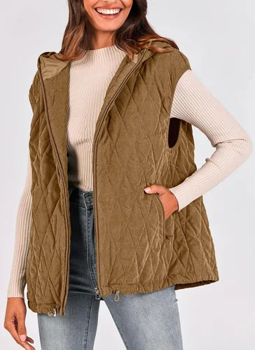 Vista 5 de PRETTYGARDEN Chaleco acolchado de otoño para mujer, casual, sin mangas, con capucha, con cremallera, abrigo de invierno