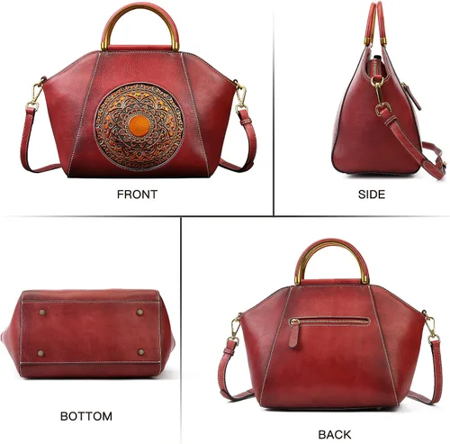 Vista 6 de Bolsos de cuero genuino para mujer, organizador retro de cuero de curtido vegetal, bolso de hombro de tótem en relieve vintage