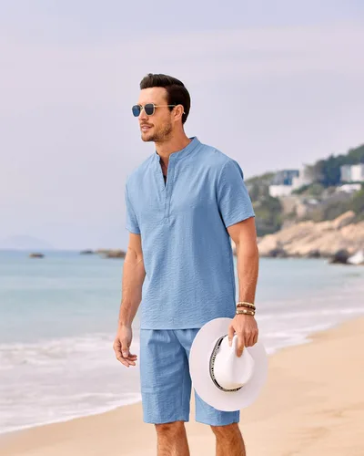 Vista 3 de COOFANDY Conjunto de 2 piezas de lino para hombre, camisas Henley casuales de manga corta, pantalones cortos de yoga para la playa, pantalones