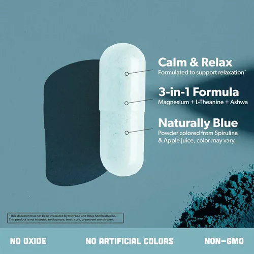 Vista 3 de Suplemento complejo de glicinato de magnesio, glicinato de magnesio quelado con malato, ashwagandha orgánica, L-teanina y espirulina azul, alta