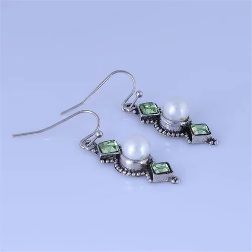 Vista 4 de ANDPAI Aretes colgantes únicos bohemios, ligeros, vintage, retro, plateado, verde, con barra de cristal, para mujeres y niñas, hipoalergénicos