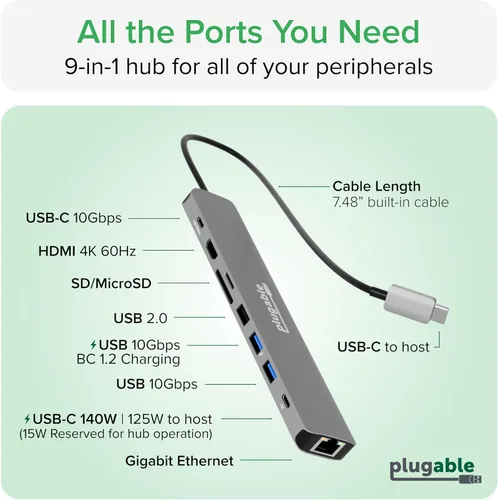 Vista 3 de Plugable Adaptador multipuerto USB C Hub: 9 en 1 con carga PD de 140 W, HDMI 4K 60Hz, transferencia de datos de 10 Gbps, Gigabit Ethernet, SD