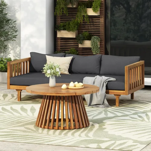 Vista 11 de Merax - Mesa de café redonda de madera de acacia para patio al aire libre, para jardín, balcón, acabado gris