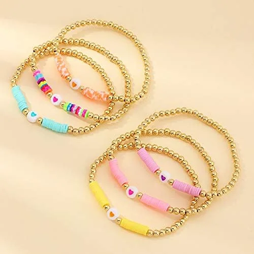Vista 4 de COLORFUL BLING Paquete de 6 pulseras de cuentas doradas con diseño de bola de disco de vinilo arcoíris para mujeres y niñas