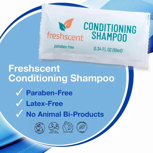 Vista 4 de Freshscent Paquete de champú acondicionador, 100 unidades, 0.34 onzas cada uno, tamaño de viaje de un solo uso, fácil de abrir para kits de higiene