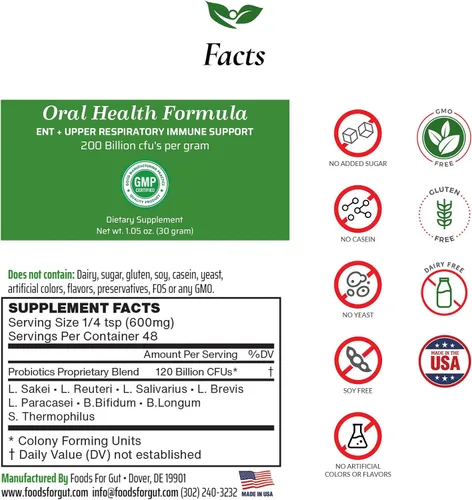 Vista 2 de Foods For Gut Probióticos para el cuidado bucal en polvo de 200 mil millones de UFC, fabricado en Estados Unidos, para otorrinolaringología y apoyo