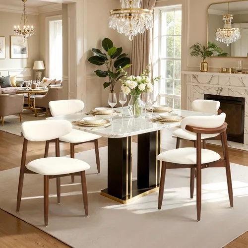 Vista 6 de CHUN YI Juego de 2 sillas de comedor tapizadas de madera maciza, sillas auxiliares de cocina de tela moderna de mediados de siglo con respaldo Beige