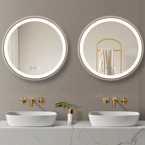 Vista 7 de Espejo de baño LED redondo con marco de madera con luces de 20 pulgadas, espejo de pared iluminado, 3 colores regulables, antiniebla, espejo 20.0 in