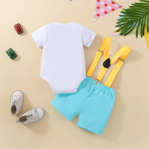 Vista 3 de Highnesson-ww Ropa divertida para el primer cumpleaños para bebé, ropa para bebé, con corbatín, mameluco, pantalones, conjunto de tirantes, trajes