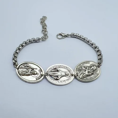 Vista 4 de Three Medals Catholic Saints Chain Stainless Steel Bracelet, St Maria Goretti Miraculous Saint Jude Pendant
