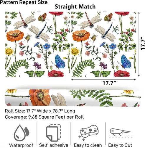 Vista 9 de VaryPaper Papel tapiz floral brillante de 17.7 x 78.7 pulgadas, para pegar y despegar, papel tapiz bohemio de hojas de musgo, libélula, mariposa