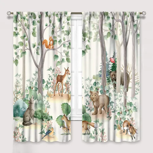 Vista 18 de YCness Cortinas para niños y niñas, diseño de animales de la selva, bosque de otoño, dibujos animados, ciervos, conejos, zorros, búhos, cortinas
