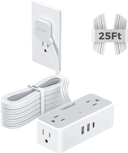 Vista 9 de Cable de extensión plano de 5 pies, TESSAN Regleta de protección contra sobretensiones con 4 tomas de CA ampliamente espaciadas, protección contra