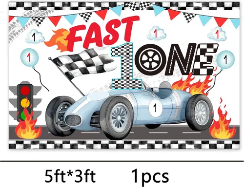 Vista 3 de Fast One - Telón de fondo y decoraciones de cumpleaños para niños y niñas, telón de fondo de cartel de primer cumpleaños