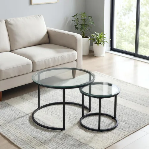 Vista 11 de Juego de 2 mesas auxiliares redondas anidadas, apilables, minimalistas Modern Marble Pattern Wooden Nesting Tables for Living Room Bedroom Small