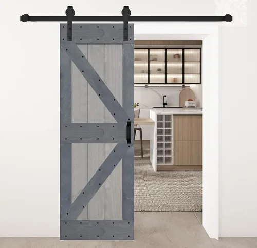 Vista 21 de Serie K - Puerta corrediza de granero de madera maciza con acabado marrón/nogal de 38 x 84 pulgadas con kit de herrajes (requiere montaje)