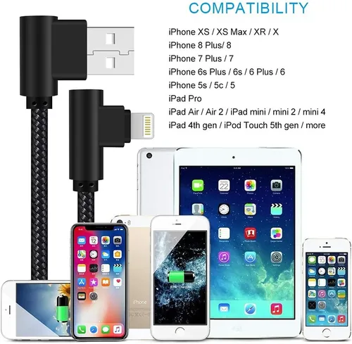 Vista 8 de Cargador para iPhone de 3 pies con certificación MFi, paquete de 3 cables Lightning trenzados de nailon de 90 grados, cable de carga en ángulo recto