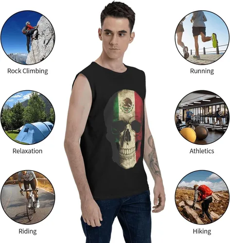 Vista 9 de Camiseta sin mangas con diseño de calavera mexicana con bandera mexicana para hombre, camiseta sin mangas para gimnasio, culturismo