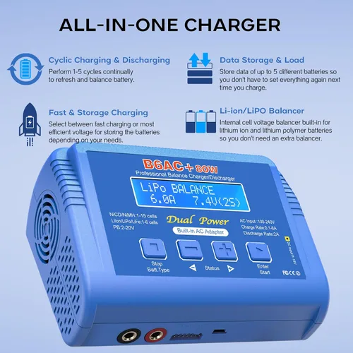 Vista 8 de LiPo Cargador de batería RC Balance Cargador de batería rápido Descargador de batería 80W 6A Cargador de batería digital inteligente para 1S-6S LiPo