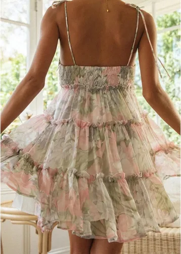 Vista 5 de Mansy - Vestido corto de verano para mujer 2025, estampado floral, estilo bohemio, fluido, skater, manga corta, con volantes, con tirantes delgados