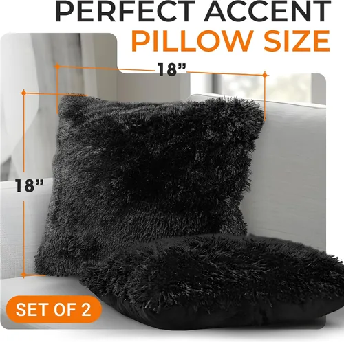 Vista 4 de Cheer Collection Almohadas para sofá y cama, almohadas suaves y peludas con rellenos incluidos, acogedoras almohadas de pelo sintético de pelo Negro