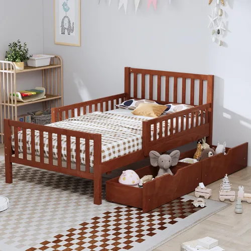 Vista 24 de VilroCaz Cama de plataforma de tamaño individual con barandilla y cabecera multifuncional, base de cama de plataforma de madera con 2 cajones