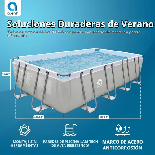 Vista 2 de JLeisure Avenli 17776 - Piscina rectangular sobre el suelo con marco de acero, de 18 x 10 x 4 pies, con kit de reparación, color gris