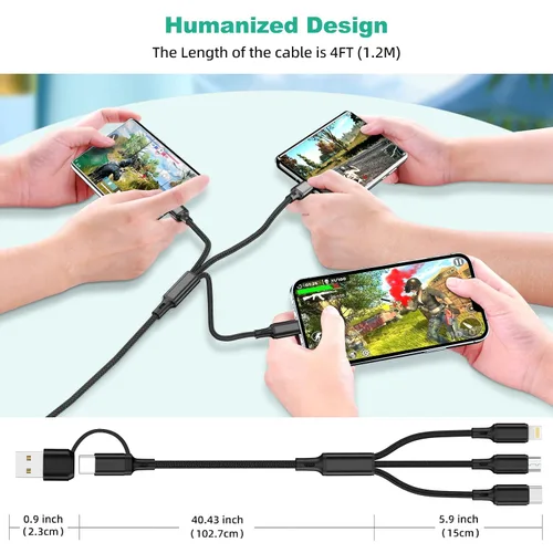 Vista 6 de Cable de carga múltiple (paquete de 3 de 4 pies), cable de carga 3 en 1, cable de carga universal trenzado de nailon 6 en 1 USB A/C a USB