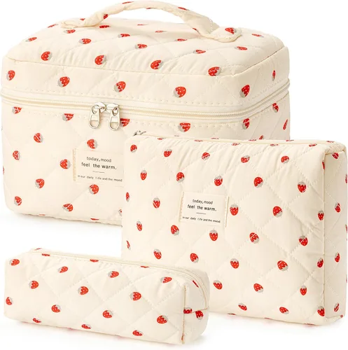 Vista 28 de HBselect Bolsa de Maquillaje Acolchada, 3 Piezas de Gran Bolsa de Maquillaje de Viaje de Algodón, Linda Bolsa de Maquillaje Floral Coquette, Bolsa
