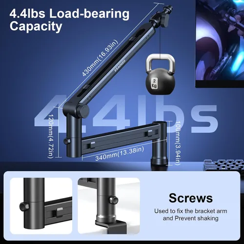 Vista 4 de Brazo de Micrófono, Aokeo AK-58 - Soporte de Brazo de Micrófono de Escritorio de Bajo Perfil Ajustable, Adecuado para Blue Yeti, Snowball iCE