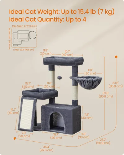 Vista 5 de Feandrea Árbol para gatos, torre para gatos con postes rascadores y rampa, 2 perchas grandes, cueva, canasta, 33.8 pulgadas de alto, gris oscuro