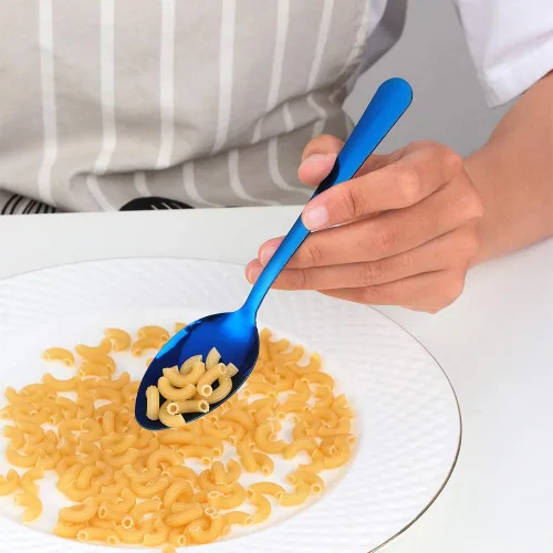 Vista 3 de MINGYU Juego de 12 cucharas de acero inoxidable – Cucharas de sopa de mesa azul, cuchara de titanio de 7 pulgadas para comer, cucharada apta