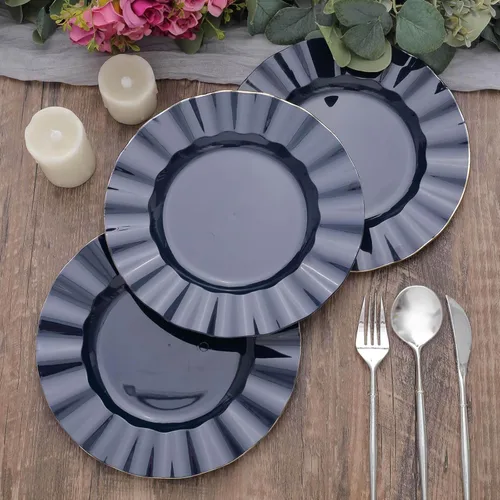 Vista 36 de Tableclothsfactory Paquete de 10 platos redondos de plástico negro de 6 pulgadas para ensalada de postre, platos desechables con borde ondulado