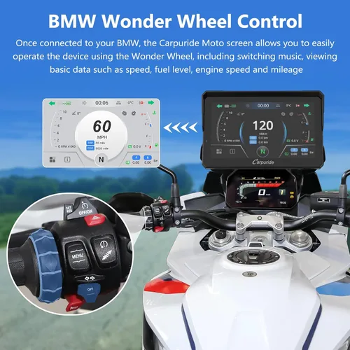Vista 22 de CARPURIDE W502BS para BMW Moto CarPlay y lectura de datos A-Auto, Maravilla nativa 5" waterproof GPS screen with dual Bluetooth, native data