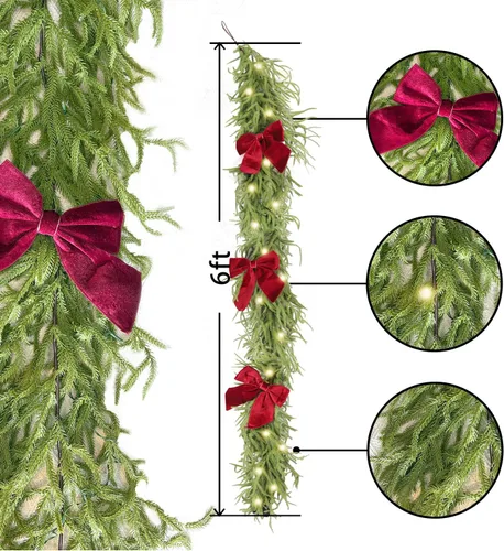 Vista 2 de HipTree Guirnalda de Navidad Norfolk preiluminada de 6 pies con luces Lighted Pine Garland for Mantle,Greenery Christmas Winter Garland with Large