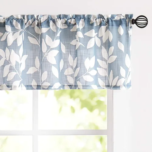 Vista 19 de Treatmentex Cortinas azules de cocina de 24 pulgadas con estampado de hojas blancas cortas para ventanas pequeñas, 2 paneles