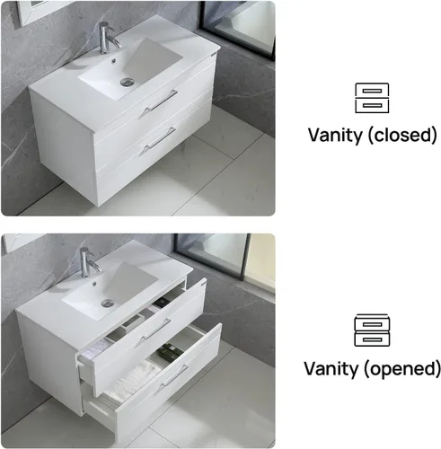 Vista 4 de wonline Juego de tocador de baño montado en la pared de 36 pulgadas, gabinete de almacenamiento con fregadero de cerámica combinado cromado grifo