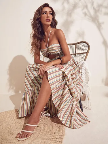 Vista 5 de MakeMeChic Vestido largo de playa de verano con volantes y cuello halter a rayas para mujer