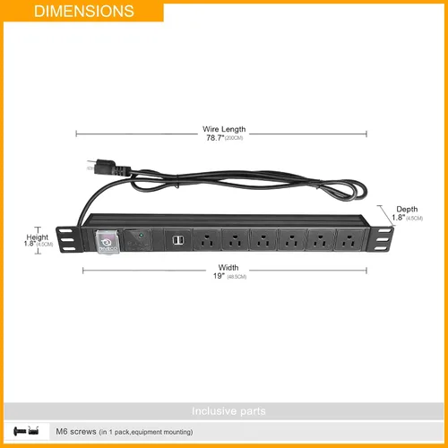 Vista 2 de RIVECO PDU 6 tomacorrientes con 2 puertos USB, regleta flexible de montaje en rack para gabinete de servidor de 19 pulgadas, con protector