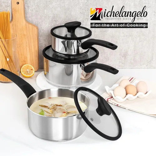 Vista 8 de MICHELANGELO Cacerola de acero inoxidable con tapa de 1 cuarto, 2 cuartos y 3 cuartos de galón, cacerolas de acero inoxidable triple con mango