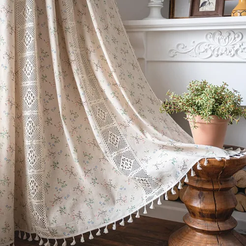 Vista 11 de Deeprove - Cortinas bohemias de 63 pulgadas de largo para dormitorio, rayas de lunares de punto hueco beige y patchwork de algodón y lino crema