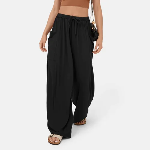 Vista 8 de Gumipy Pantalones holgados de pierna ancha para mujer, cintura elástica, con cordón, pantalones palazzo casuales con bolsillo lateral, pantalones