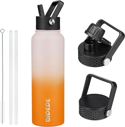 Vista 52 de BJPKPK Botellas de Agua Aisladas con Tapa de Pajita, Botella de Agua de Acero Inoxidable de 18oz, Termo Frío Caliente con 3 Tapas, Vaso de Viaje a