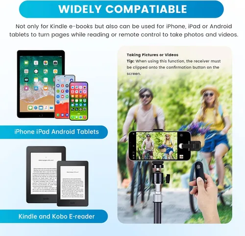 Vista 6 de Turner de páginas para Kindle Paperwhite, RF Control remoto Clicker Page Turner Accesorios Kindle para iPhone, iPad, tabletas Android, novelas