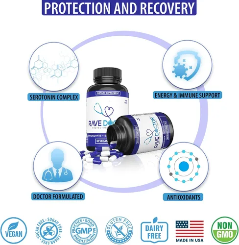 Vista 6 de Suplemento Rave Doctor 5 HTP - Vitaminas Esenciales de Rave para Asistentes a Festivales, Accesorios de Rave, Esenciales de Festival, Equipo